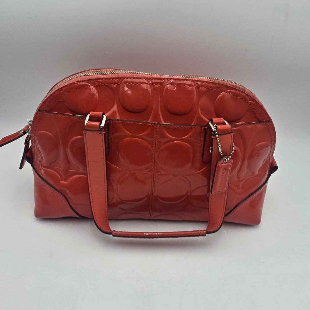 Coach Signature Embossed Patent Leather Satchel Coral Red Dome Bag F14412